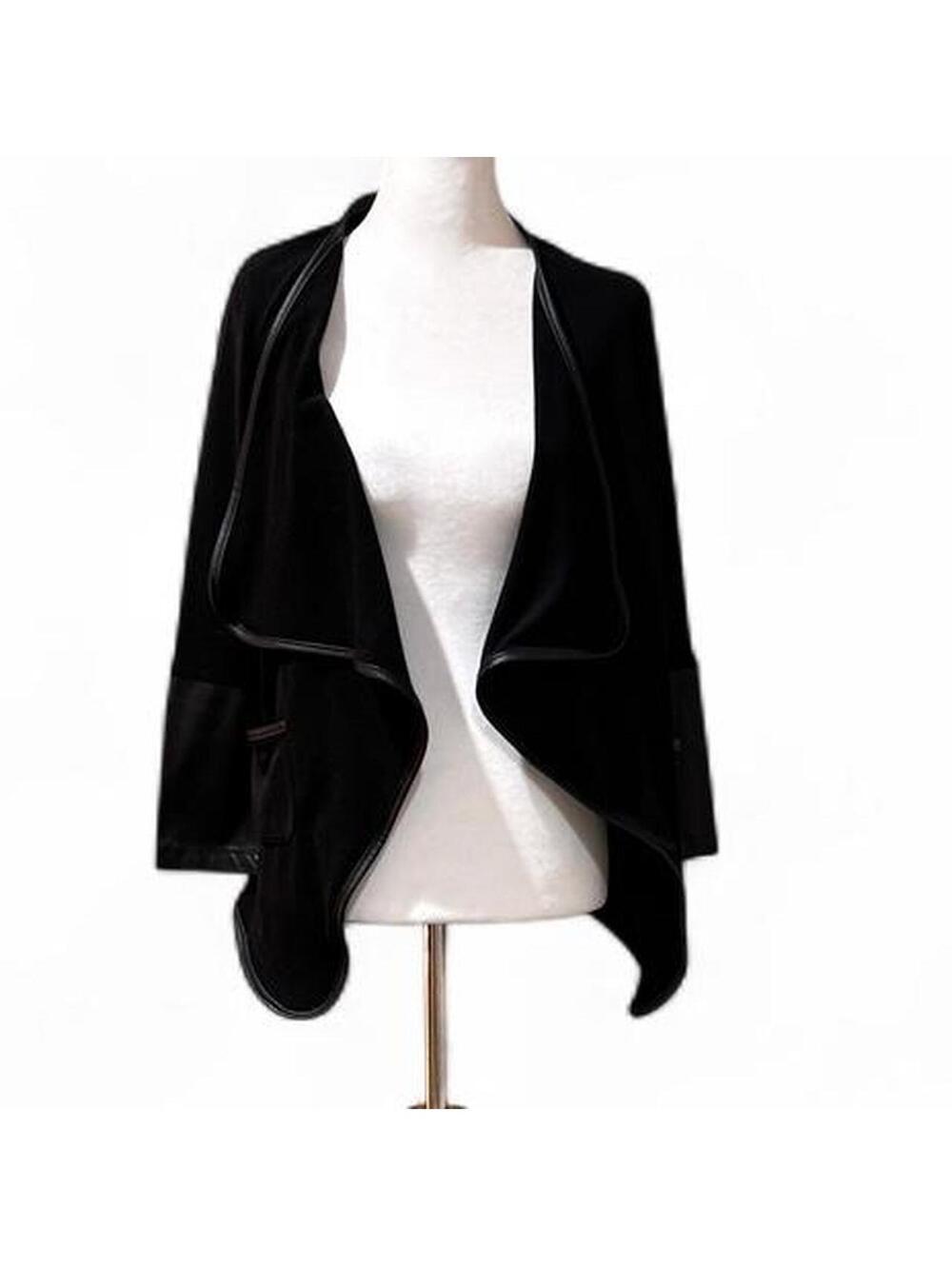 Thin black cascade open-front cardigan with faux leather cuffs and trim.